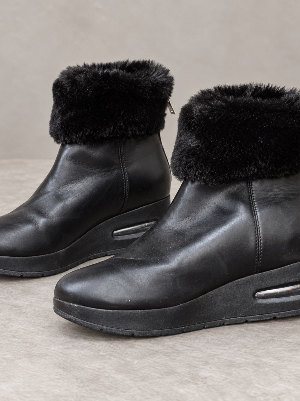 DKNY Black Faux-Fur Cuff Wedge Ankle Boots